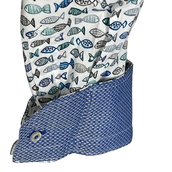 Umberto Carro Positano Shirt 50/20.5 Long Sleeve Button Up Fish Print Flip Cuff - Picture 2 of 8